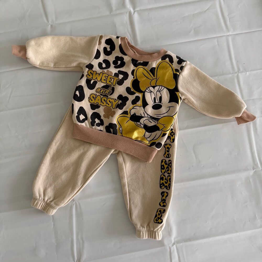 Disney Baby Girl 12M Minnie Mouse Sweatsuit Sweet and Sassy Leopard Print Gold